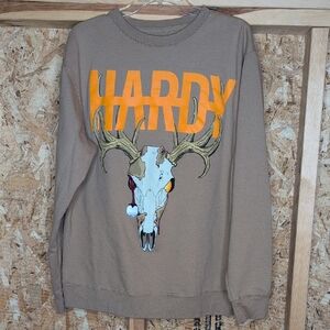 Hardy Brown Graphic Men's Sweater Size L Deer Skull Crewneck